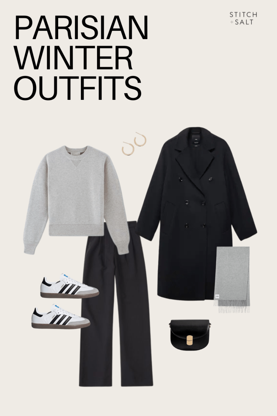 a gray sweatshirt, black wide leg trousers, black coat, and Adidas Samba sneakers