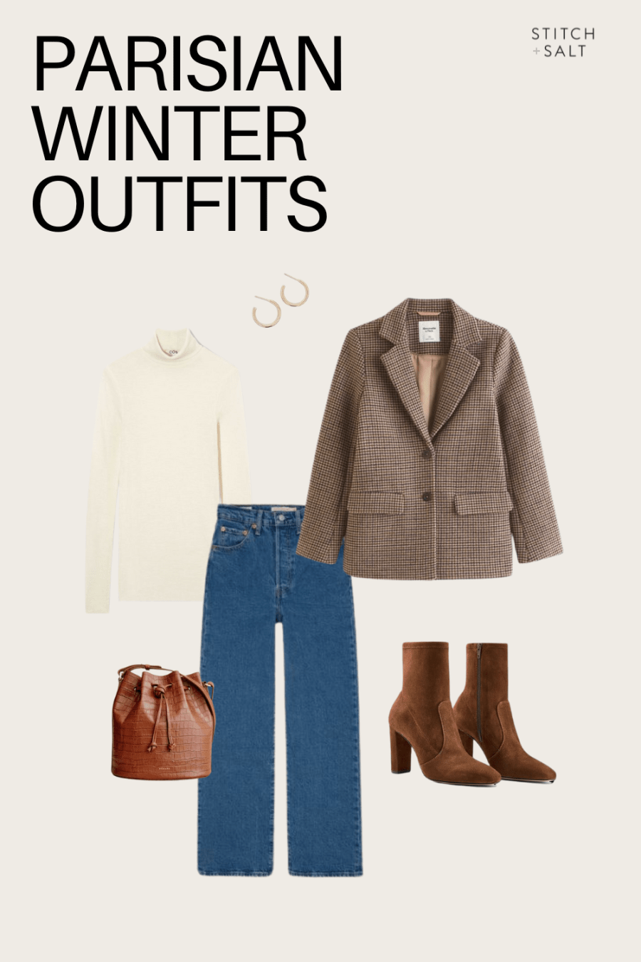 a plaid blazer, cream turtleneck, jeans, brown ankle boots, and a brown bucket bag