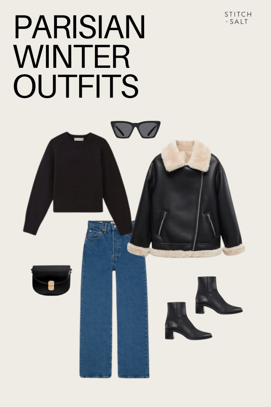 parisian winter outfit with a black sweater, shearling lined jacket, jeans, and heeled ankle boots