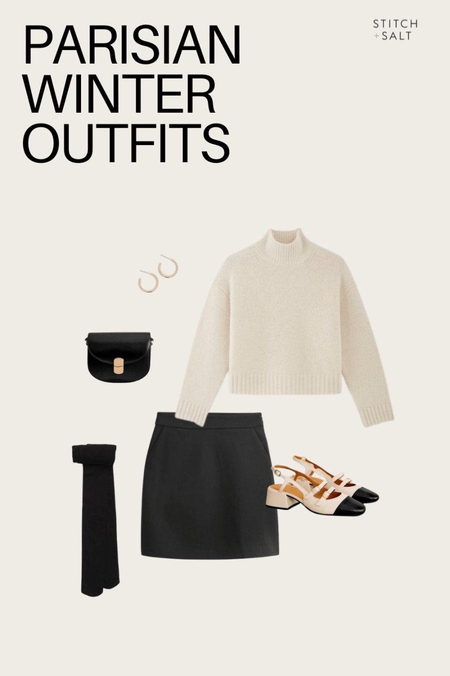 Parisian winter outfit with a turtleneck sweater, mini, skirt, and mary jane heels