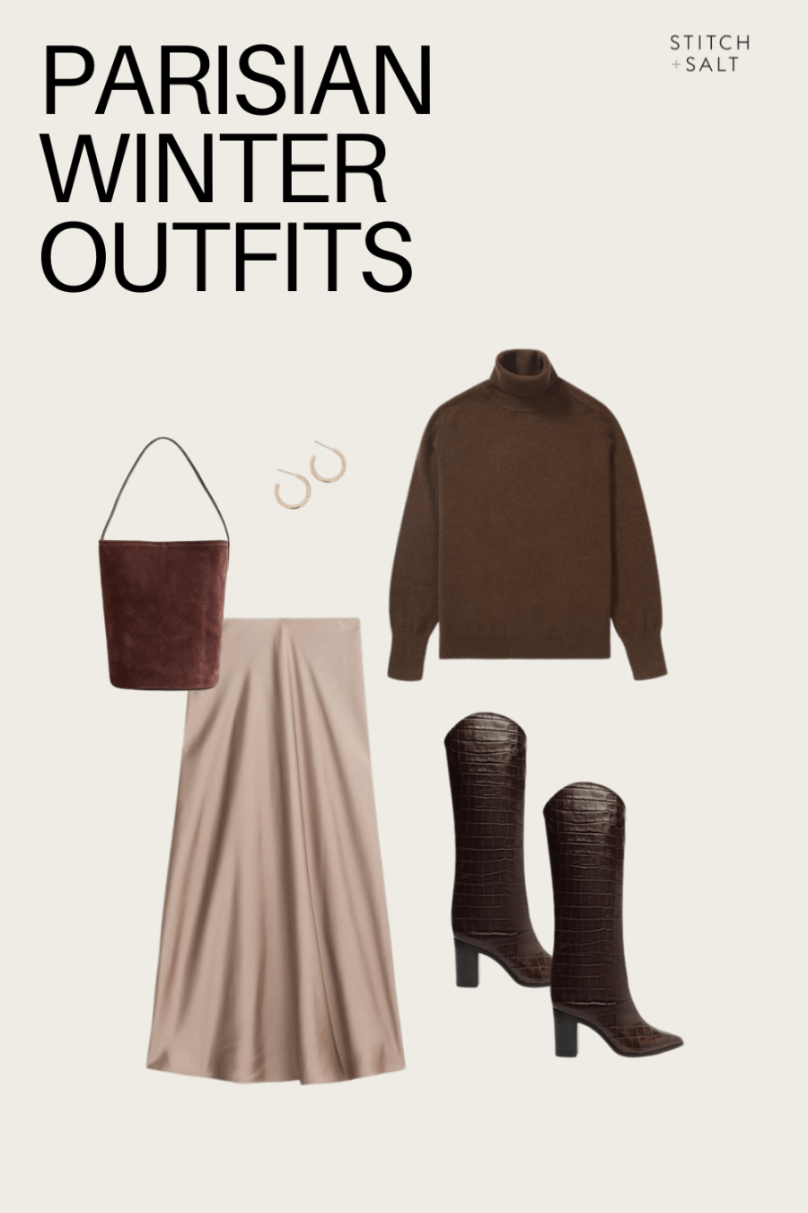 Parisian winter outfit with a turtleneck sweater, slip skirt, knee high boots, and a bucket bag