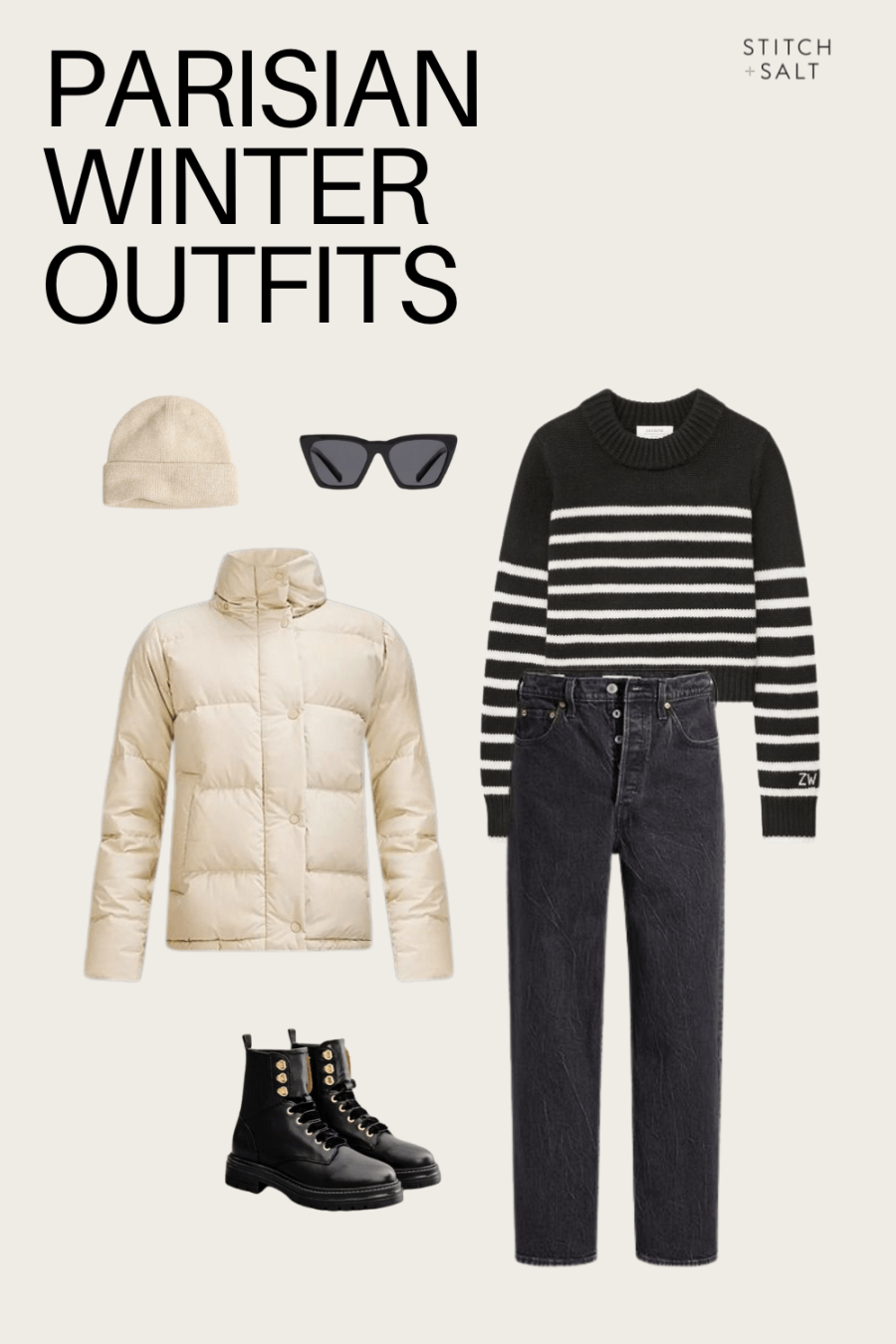 Parisian winter outfit with a striped sweater, black jeans, black moto boots, and a cream puffer coat