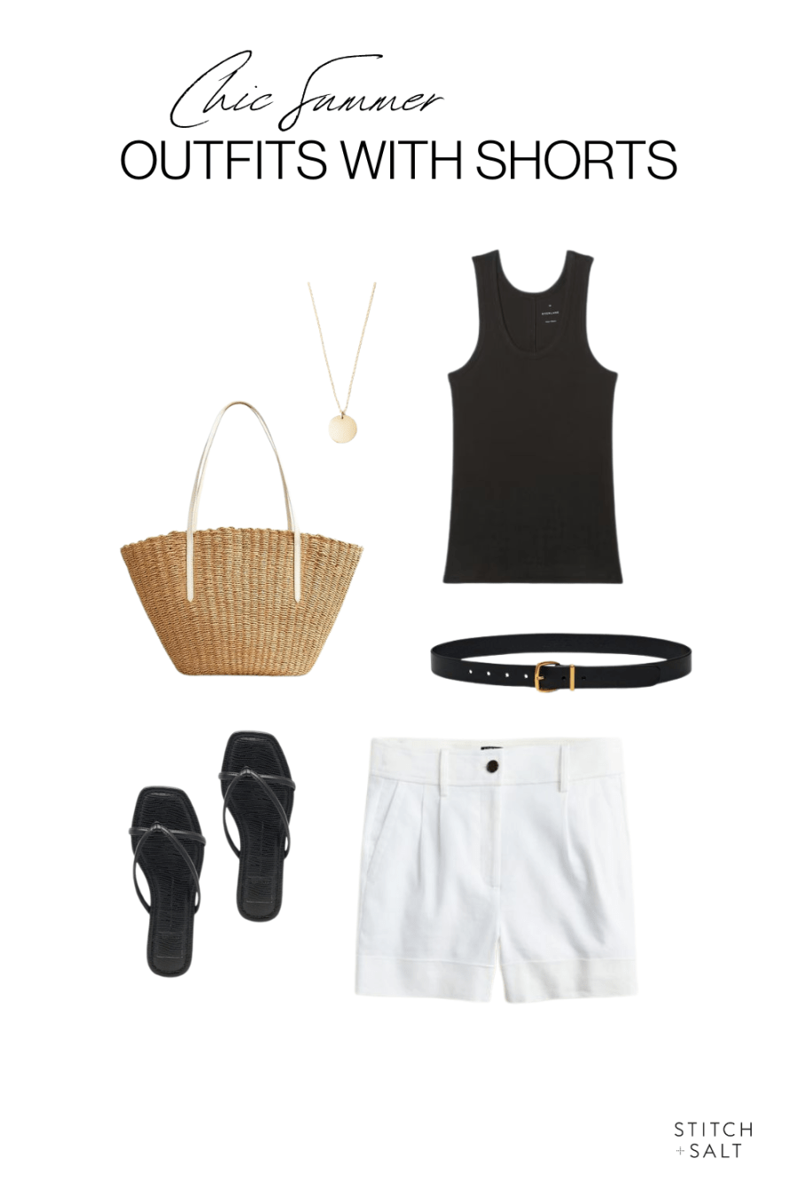 chic summer outfit idea with a black tank, white tailored shorts, black strappy sandals, black belt, and a woven tote bag