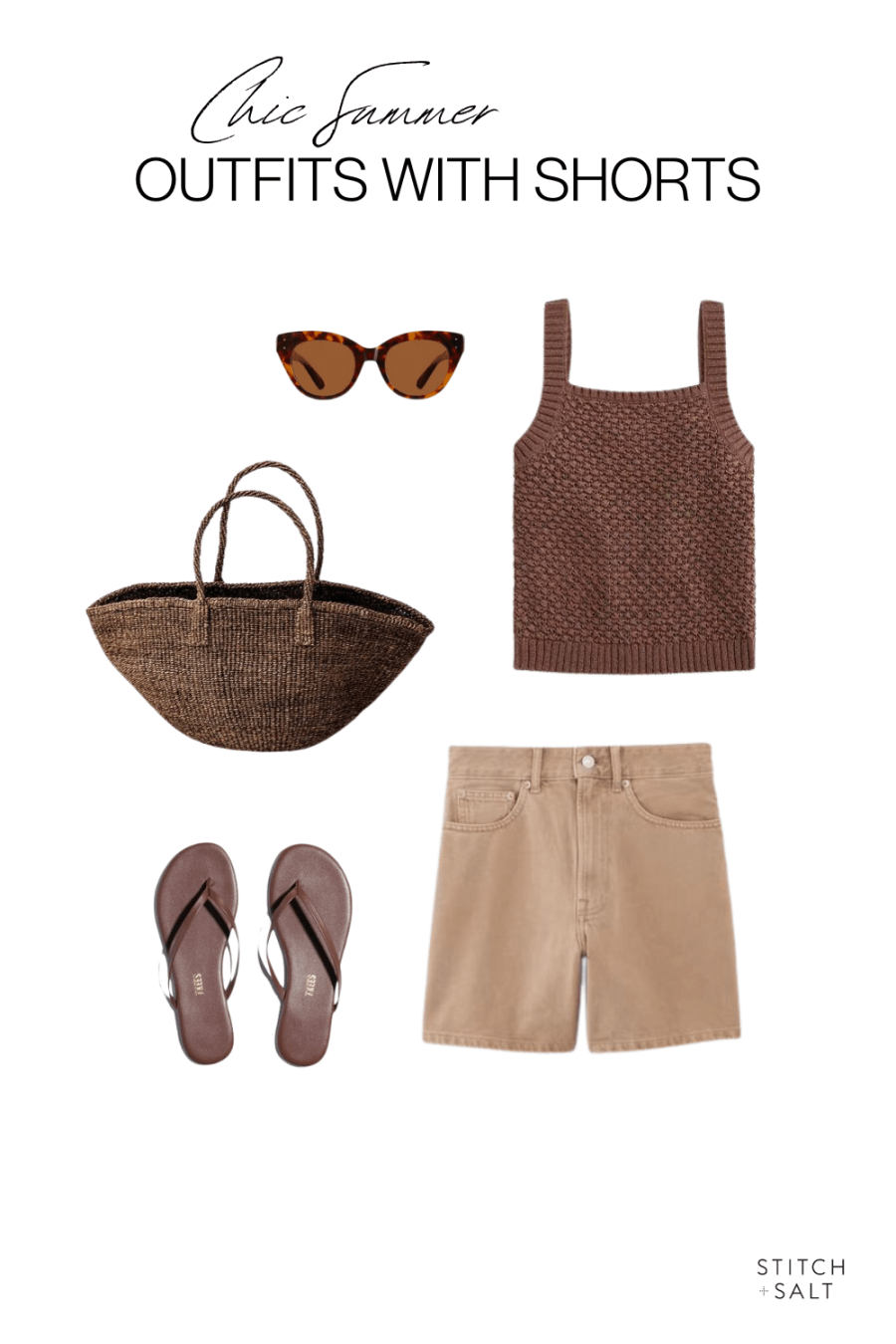 summer outfit idea with a brown sweater tank, tan denim shorts, brown sandals, brown woven tote bag, and tortoiseshell sunglasses