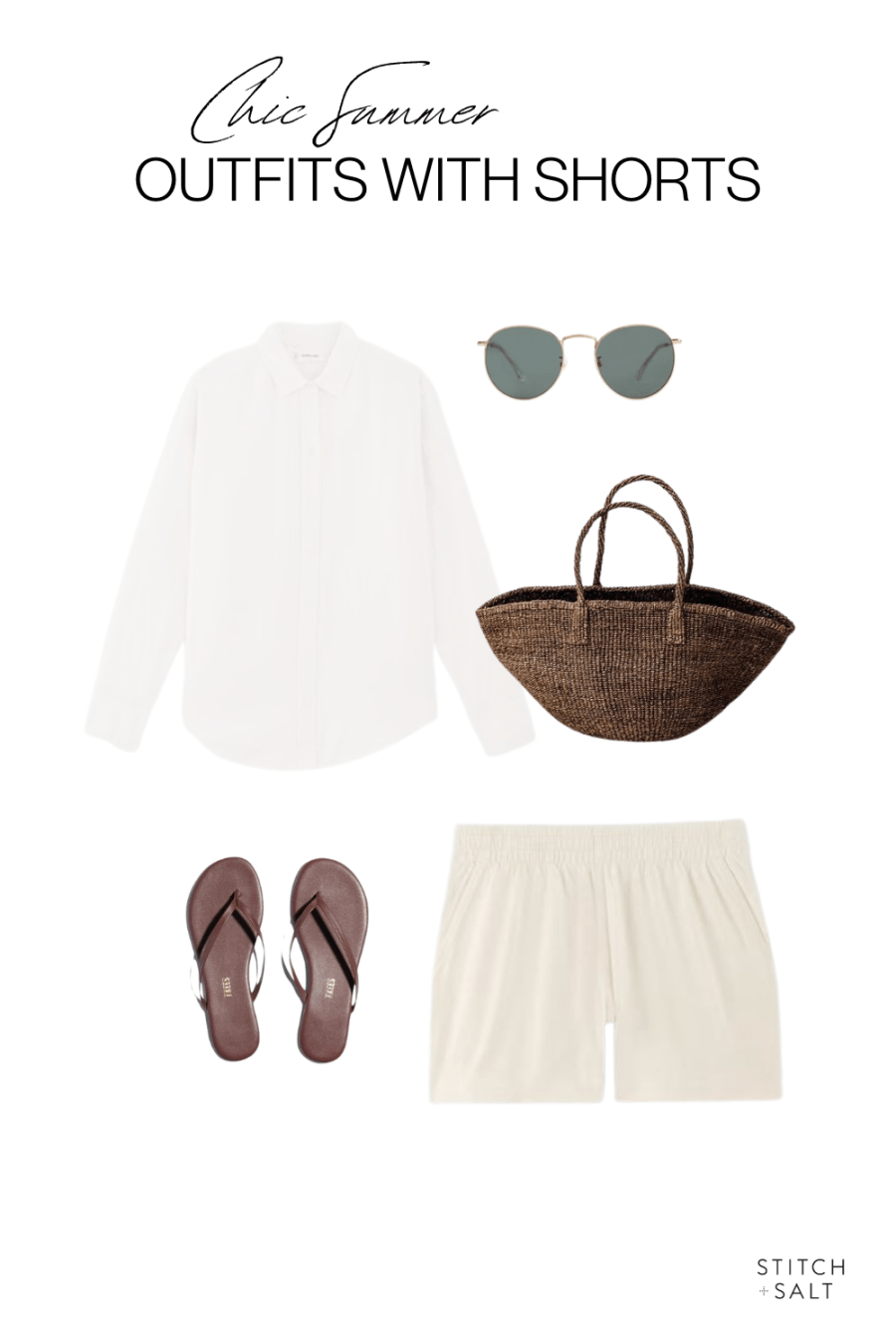 chic summer outfit with shorts with a white linen button down, cream colored pull on shorts, brown sandals, brown woven tote bag, and round sunglasses