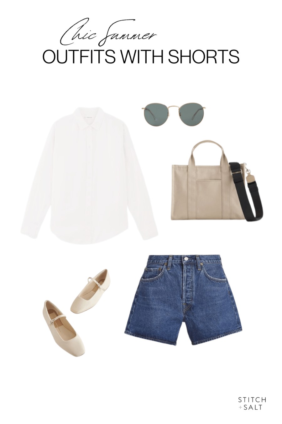 summer outfit with a white linen button down, dark wash denim shorts, white Mary Jane flats, round sunglasses, and a canvas tote bag