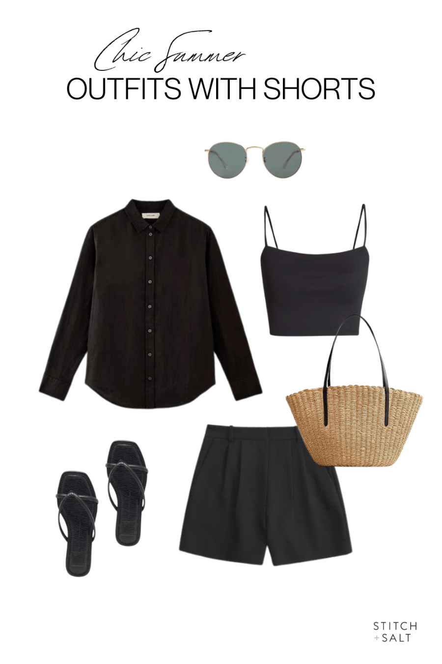 summer outfit with shorts with a black crop top, black linen button down, black linen shorts, a woven tote bag, round sunglasses, and strappy black sandals