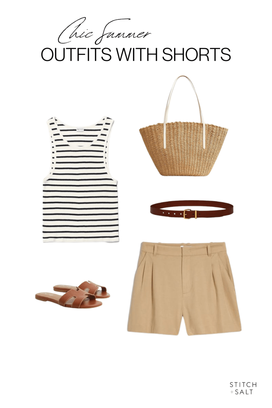 chic summer outfit with shorts with a striped tank, tan tailored shorts, cognac slide sandals, brown leather belt, and straw tote bag