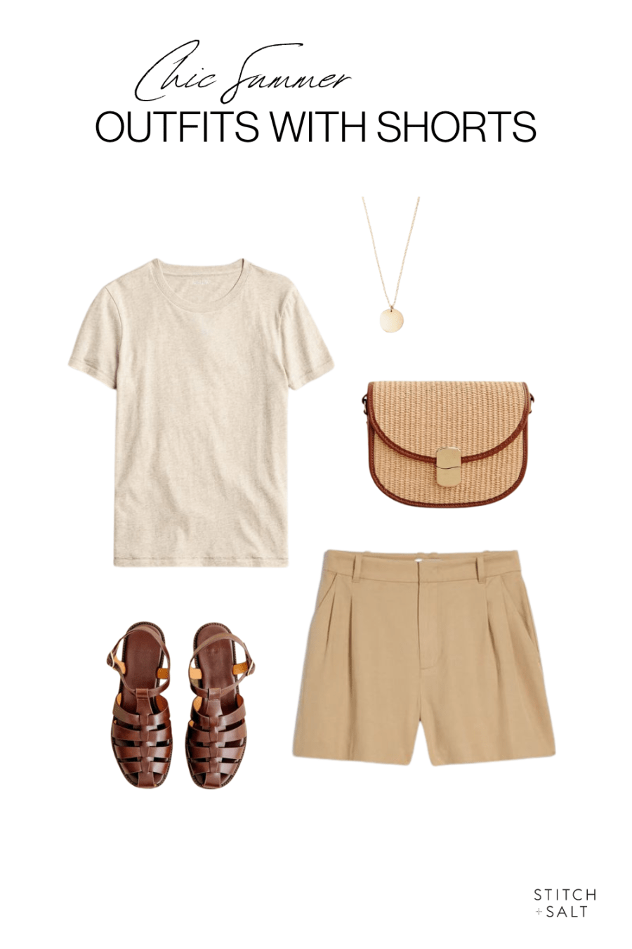 chic summer outfit with shorts with a cream colored tee, tan tailored shorts, a woven crossbody bag, gold coin necklace and fisherman sandals