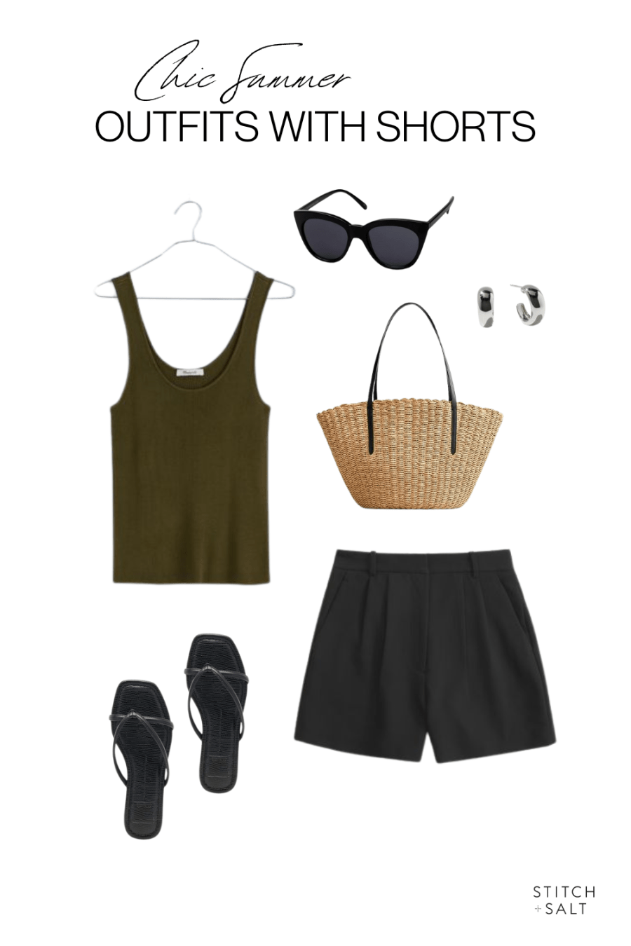 summer outfit with shorts with an olive green tank, black linen shorts, black strappy sandals, a woven tote bag, black cat eye sunglasses, and silver chunky hoop earrings