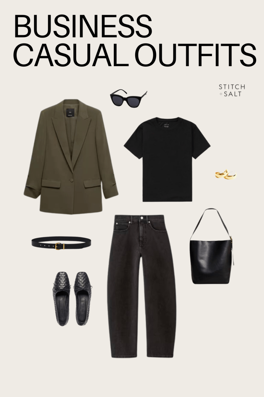 business casual outfit with a blact tee, green blazer, black curve deniim, woven ballet flats, and a black tote bag