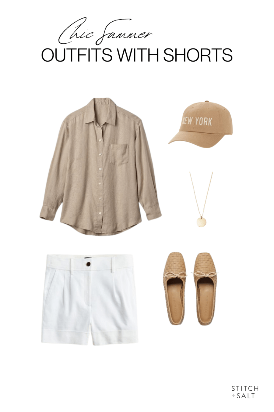 outfits with shorts with a tan linen button down, white shorts, woven ballet flats, a tan baseball cap, and a gold coin necklace