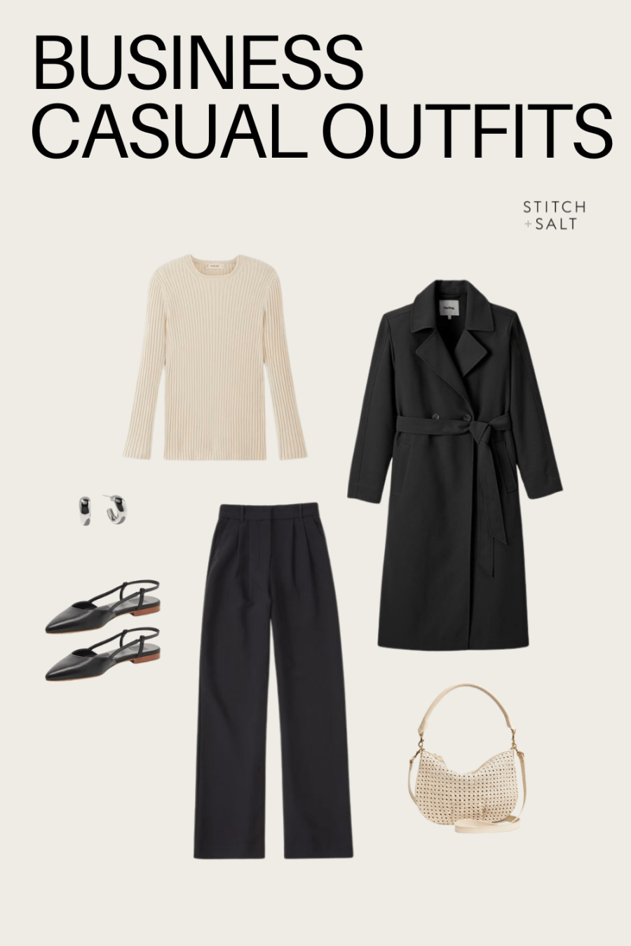 business casual outfit with a ribbed beige sweater, black wide leg trousers, black trench coat, and black slingback flats