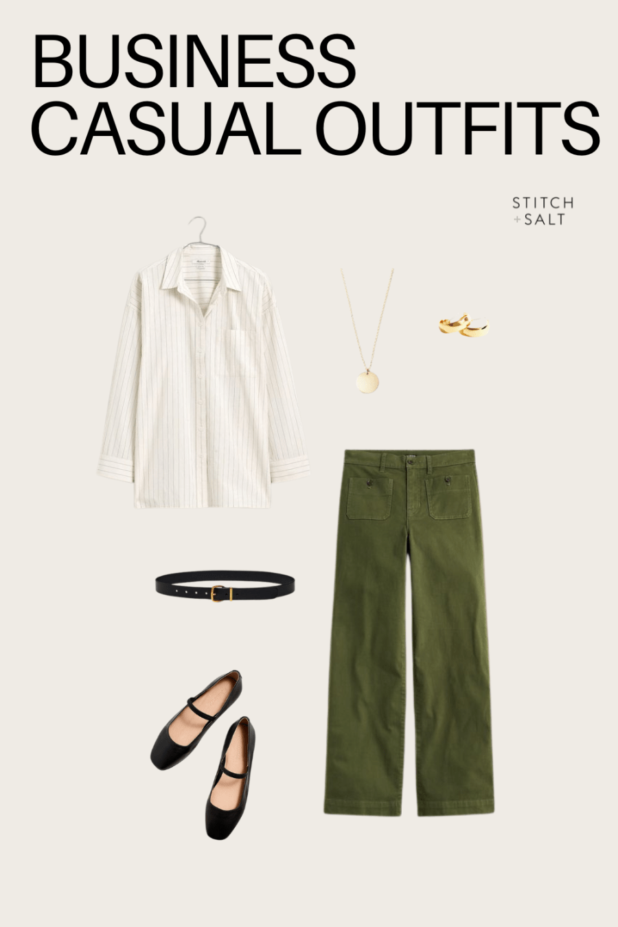 business casual outfit with a white/black striped oversized button down, green pants, black mary jane flats, a black belt, and gold jewelry