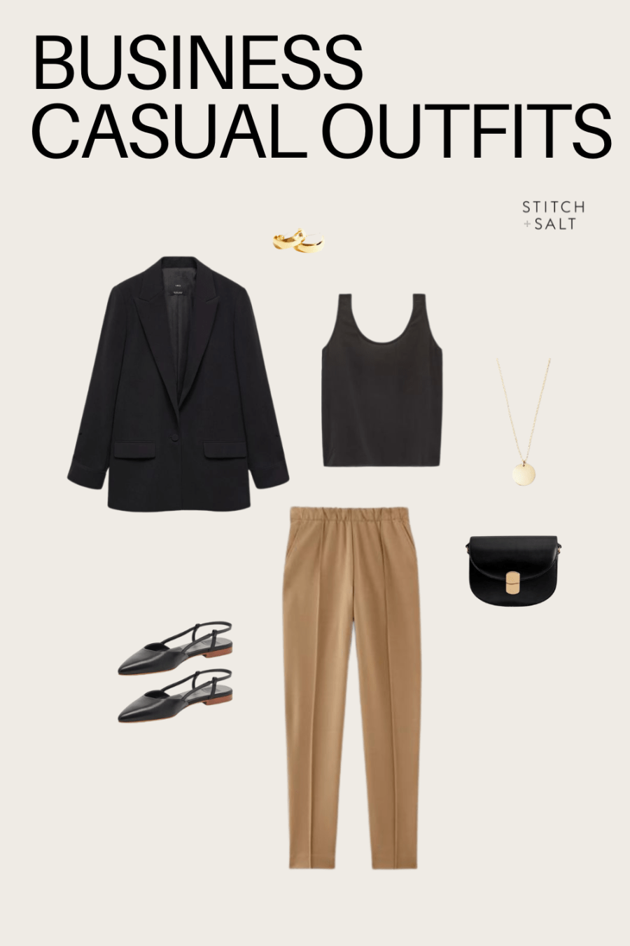 business casual outfit idea with a black silk cami, black blazer, camel tapered pants, black slingback flats, and a black handbag