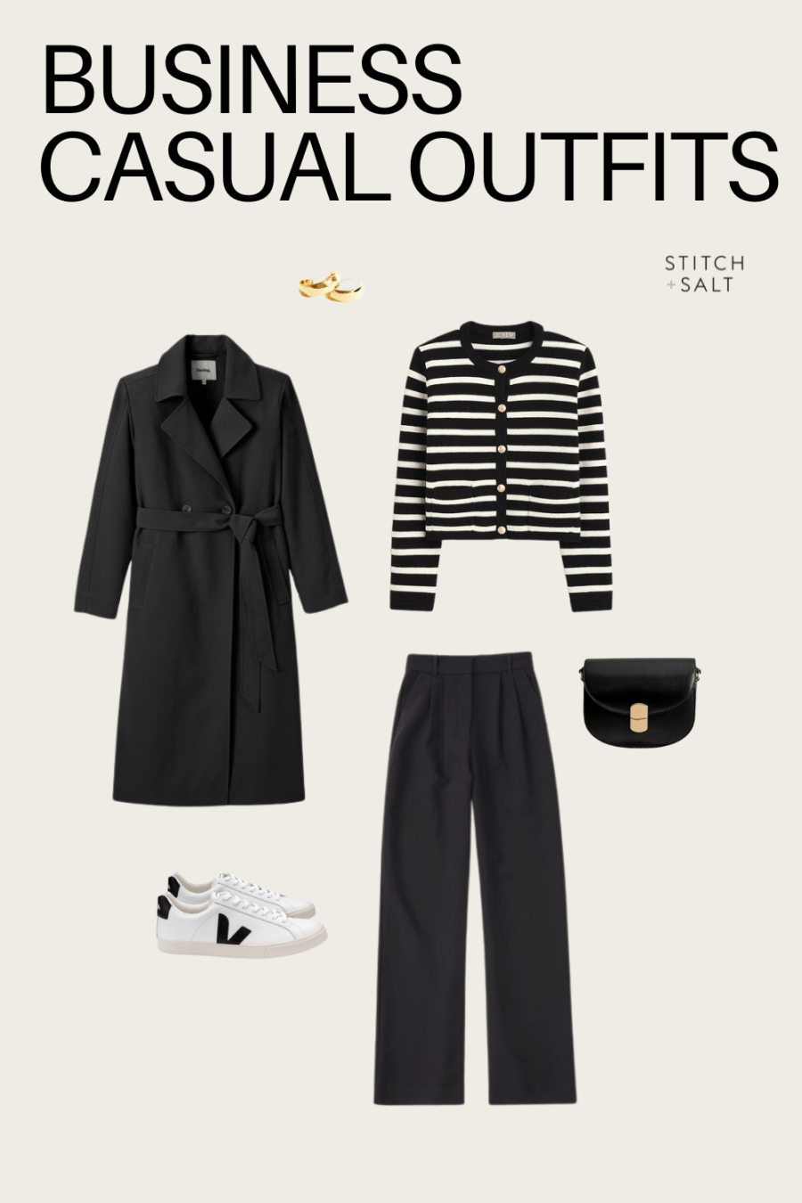 business casual outfit with a striped black/white lady jacket, black wide leg trousers, a black trench coat, Veja sneakers, a black bag, and gold hoop earrings