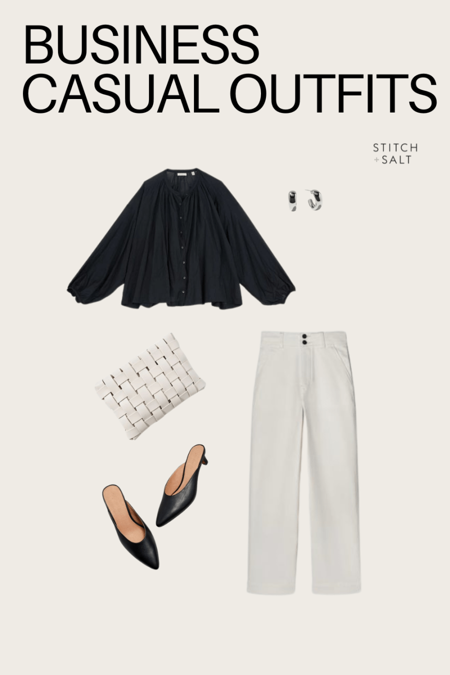 business casual outfit idea with a black blouse, white cropped pants, black mules, and a beige woven bag with silver earrings