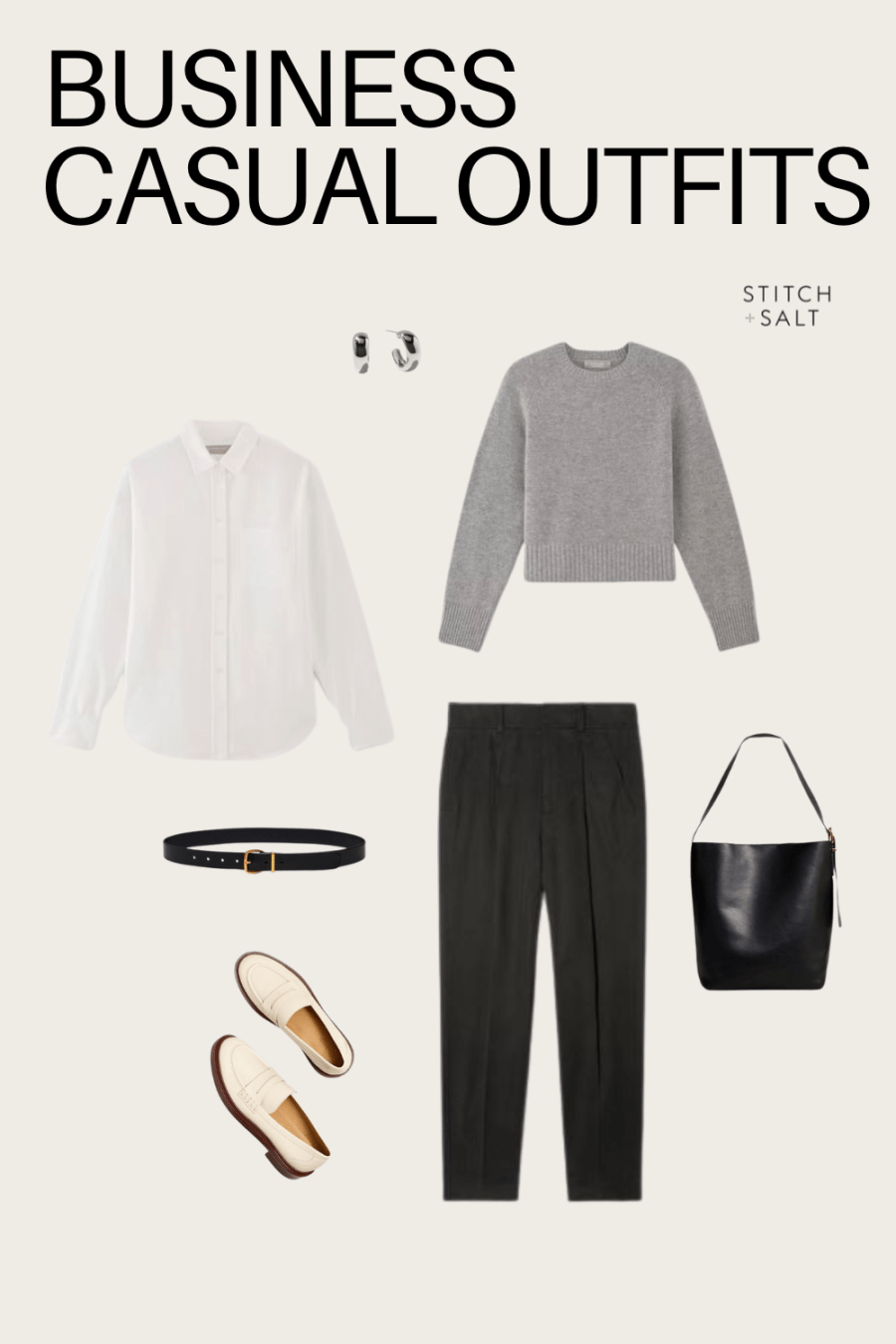 business casual outfit idea with a white button down, gray sweater, black tapered pants, white loafers, a black belt, and a black tote bag