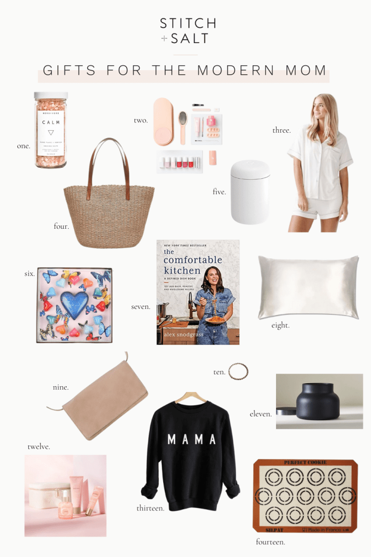 a collage graphic with mother's day gift ideas for the modern mom