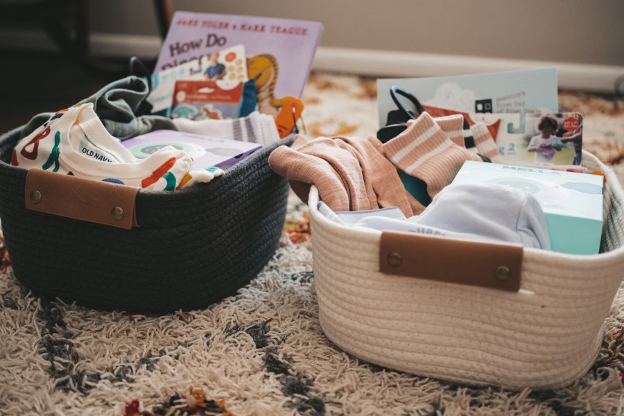 two baskets with items for back to school